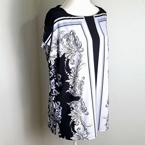 Jones New York Black, White & Gray Top w/Swirly Designs, Batwing Sleeve,Sz Large - Picture 2 of 8